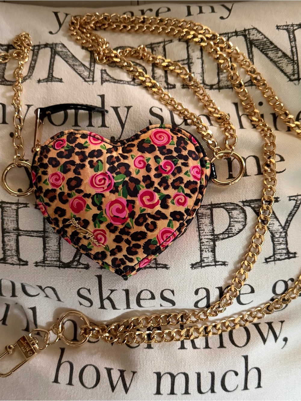 Betsey Johnson Leopard/Rose Card Holder with Gold Chain as Strap or Belted NWOT